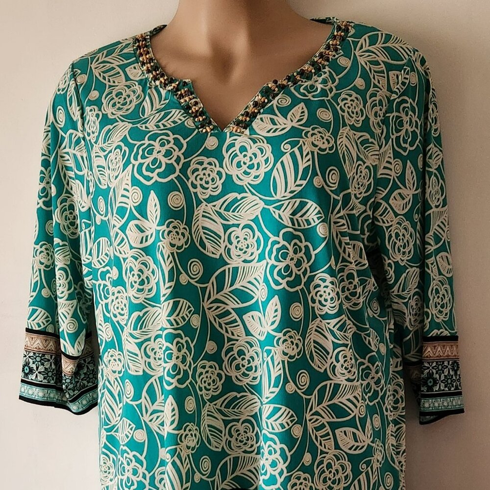 Rafaella Woman tunic top sz 2X floral beaded aqua white VGUC